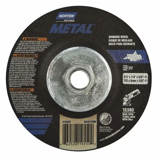 Norton Depressed Center Grinding Wheel, Type 27, 4 1/2 in Dia, 0.25 in Thick, 5/8”-11 Arbor Hole Size (50 Pack)